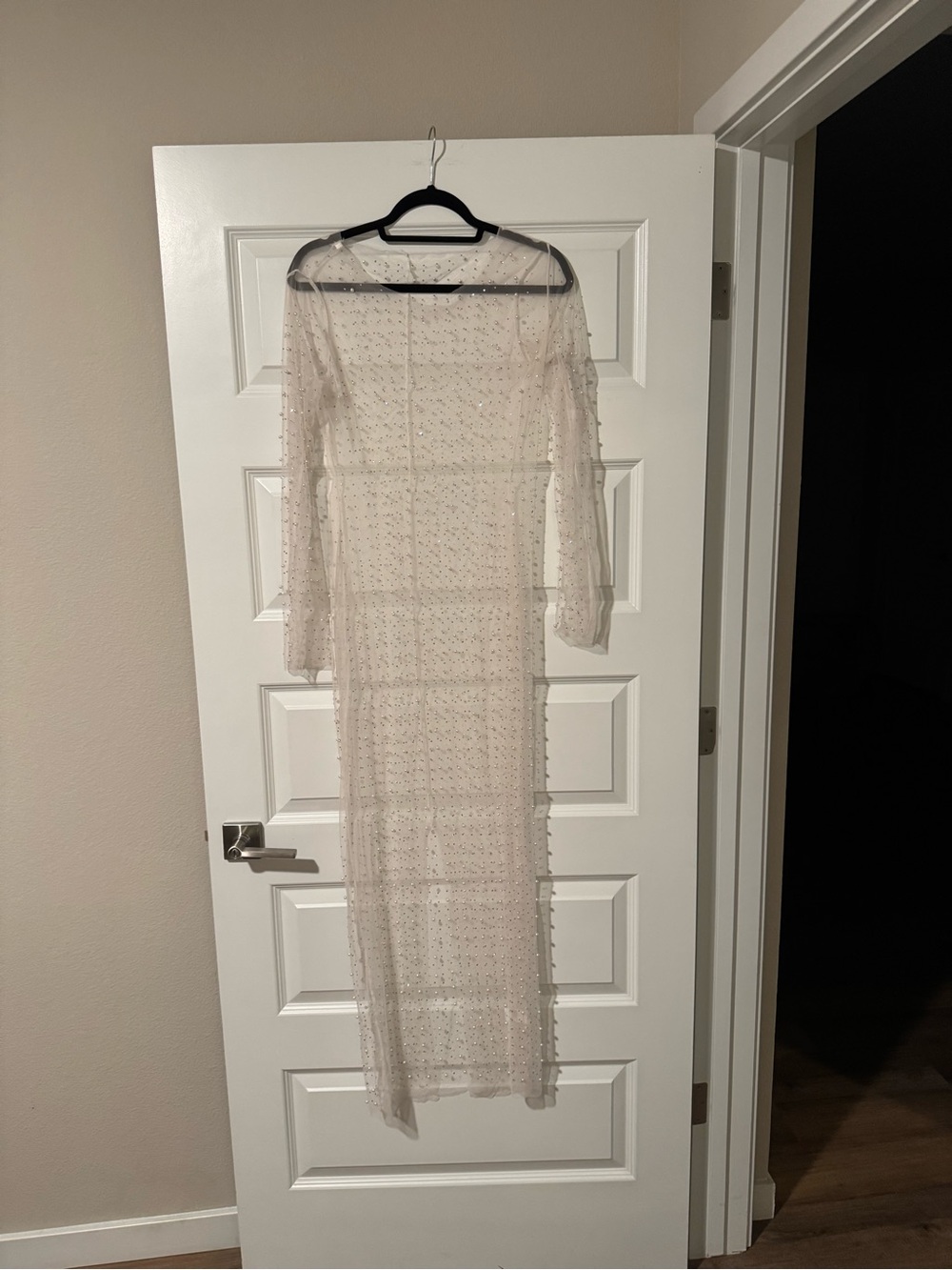 Sheer Ivory Long-Sleeve Embellished Dress